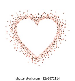 Rose gold glitter heart frame. Be my Valentine. Pink border. Vector dust isolated on white. Great for Valentines Day and Mothers day cards, wedding invitations, party posters and flyer. Luxury glow.