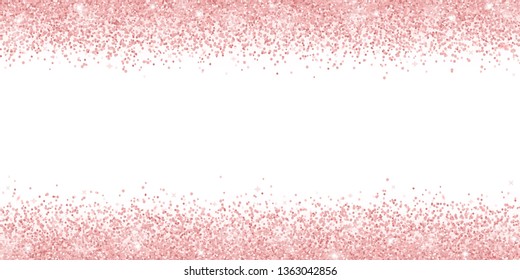 Rose gold glitter on white background, horizontal wide border. Vector