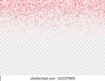Rose gold glitter partickles isolated on transparent background. Pink backdrop shimmer effect for birthday cards, wedding invitations, Valentine's day templates etc. Falling sparkling confetti.