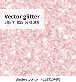 Rose gold glitter seamless pattern. Pink vector shining sparkles texture. Endless shimmering sequins background. Glamorous girlish style. Design for holiday decor, card, print, Valentines day, wedding