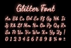 Rose Gold Glitter Shiny Holiday Font With Glow Lights On Black Background. Vector