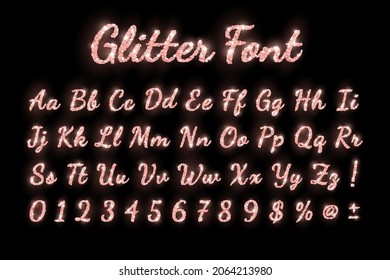 Rose Gold Glitter Shiny Holiday Font With Glow Lights On Black Background. Vector