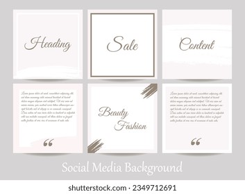 Rose and gold glitter social media template backgrounds with brush stroke stamps. Social media story feed mockup for branding luxury beauty salons, boutiques, cosmetics, fashion, jewelry, and content.