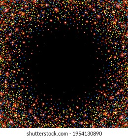 Rose gold glitter sparks on a black background. Shiny confetti with glowing lights. Vector illustration.
