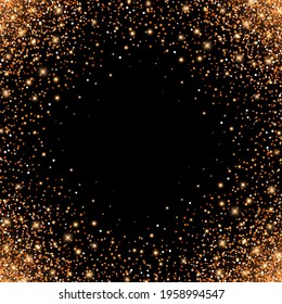 Rose gold glitter sparks on a black background. Shiny confetti with glowing lights. Vector illustration.
