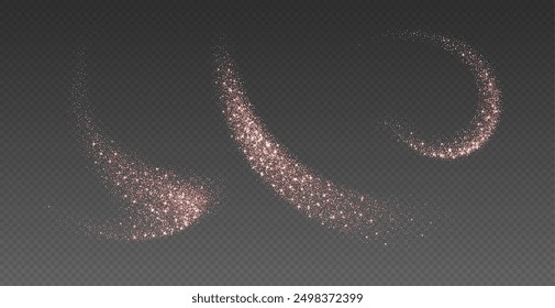 Rose gold glitter splashes, shiny star dust explosion, shimmer spray effect, festive holiday particles isolated on a dark background. Vector illustration.