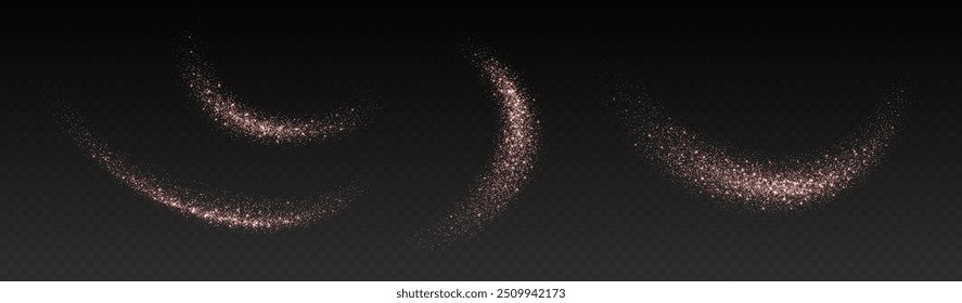 Rose brilho dourado salpicos, explosão de poeira estrela brilhante, efeito de spray shimmer, partículas de férias festivas isoladas em um fundo escuro. Ilustração vetorial.