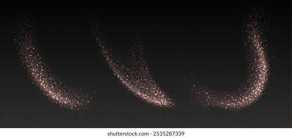 Rose gold glitter splashes, shiny star dust explosion, shimmer spray effect, festive holiday particles isolated on a dark background. Vector illustration. Christmas decoration.