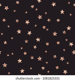 Rose Gold Glitter Stars Seamless Pattern - Scattered rose gold glitter stars on crushed black background seamless pattern