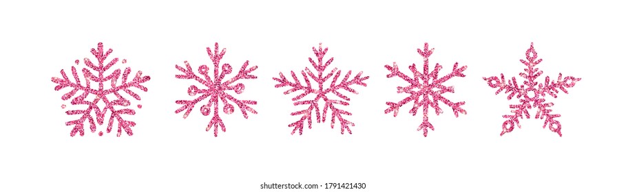Rose Gold glitter texture snowflake hand drawn icons set on white background. Shiny Christmas, New year and winter sparkling pink symbols for print, web, decoration, greeting card. Vector Illustration