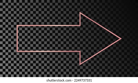 Rose gold glowing arrow shape frame isolated on dark transparent background. Shiny frame with glowing effects. Vector illustration