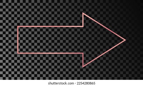 Marco de flecha dorado rosa con forma de flecha brillante aislado sobre fondo transparente oscuro. Marco brillante con efectos brillantes. Ilustración del vector