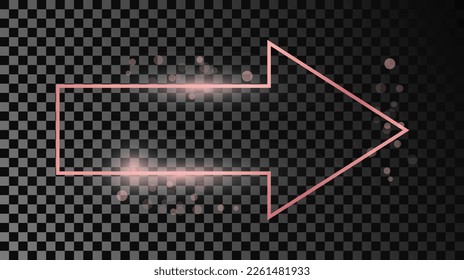 Rose gold glowing arrow shape frame isolated on dark transparent background. Shiny frame with glowing effects. Vector illustration