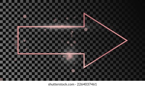 Marco de flecha dorado rosa con forma de flecha brillante aislado sobre fondo transparente oscuro. Marco brillante con efectos brillantes. Ilustración del vector