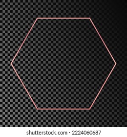 Rose gold glowing hexagon frame isolated on dark transparent background. Shiny frame with glowing effects. Vector illustration