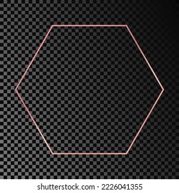 Rose gold glowing hexagon frame isolated on dark transparent background. Shiny frame with glowing effects. Vector illustration