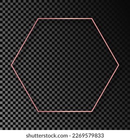 Rose gold glowing hexagon frame with shadow isolated on dark transparent background. Shiny frame with glowing effects. Vector illustration