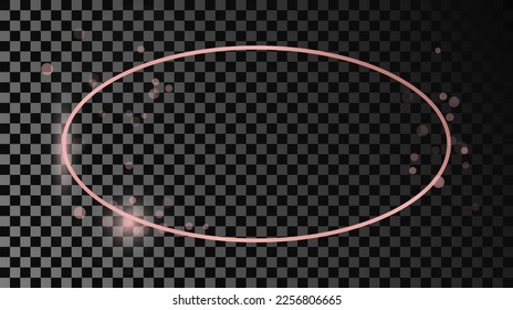 Rose gold glowing oval shape frame isolated on dark transparent background. Shiny frame with glowing effects. Vector illustration