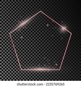 Rose gold glowing pentagon shape frame isolated on dark transparent background. Shiny frame with glowing effects. Vector illustration