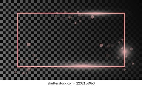 Rose gold glowing rectangular shape frame isolated on dark transparent background. Shiny frame with glowing effects. Vector illustration