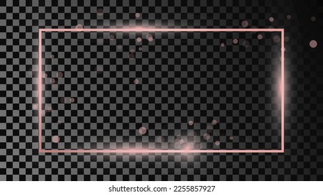 Rose gold glowing rectangular shape frame isolated on dark transparent background. Shiny frame with glowing effects. Vector illustration