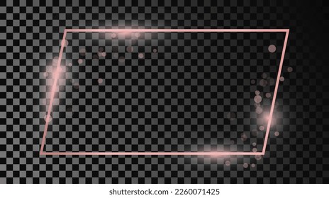 Rose gold glowing rectangular shape frame isolated on dark transparent background. Shiny frame with glowing effects. Vector illustration