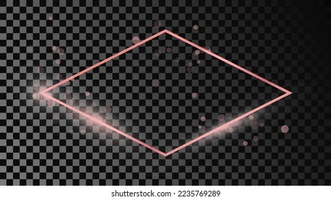 Rose gold glowing rhombus  shape frame isolated on dark transparent background. Shiny frame with glowing effects. Vector illustration