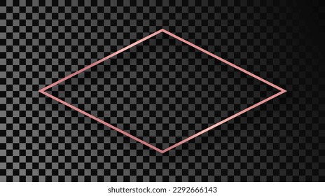 Rose gold glowing rhombus shape frame with shadow isolated on dark transparent background. Shiny frame with glowing effects. Vector illustration