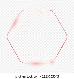 Rose gold glowing rounded hexagon frame isolated on transparent background. Shiny frame with glowing effects. Vector illustration