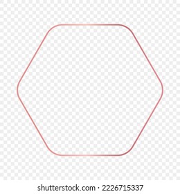 Rose gold glowing rounded hexagon frame isolated on transparent background. Shiny frame with glowing effects. Vector illustration