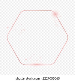 Rose goldglänzende, abgerundete Hexagonrahmen einzeln auf transparentem Hintergrund. Leuchtender Rahmen mit leuchtenden Effekten. Vektorgrafik