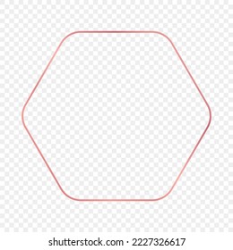 Rose gold glowing rounded hexagon frame isolated on transparent background. Shiny frame with glowing effects. Vector illustration