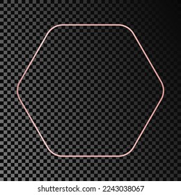 Rose gold glowing rounded hexagon frame isolated on dark transparent background. Shiny frame with glowing effects. Vector illustration