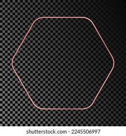 El dorado rosa resplandeciente marco hexagonal redondeado aislado sobre fondo transparente oscuro. Marco brillante con efectos brillantes. Ilustración del vector