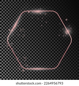 Rose gold glowing rounded hexagon frame isolated on dark transparent background. Shiny frame with glowing effects. Vector illustration