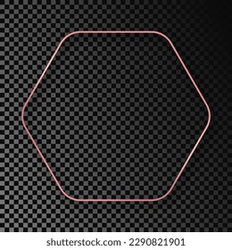 Rose gold glowing rounded hexagon frame with shadow isolated on dark transparent background. Shiny frame with glowing effects. Vector illustration