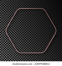 Rose gold glowing rounded hexagon frame with shadow isolated on dark transparent background. Shiny frame with glowing effects. Vector illustration