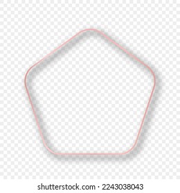 Rose gold glowing rounded pentagon shape frame with shadow isolated on transparent background. Shiny frame with glowing effects. Vector illustration