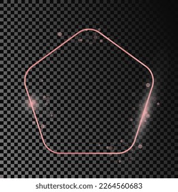 Rose gold glowing rounded pentagon shape frame isolated on dark transparent background. Shiny frame with glowing effects. Vector illustration