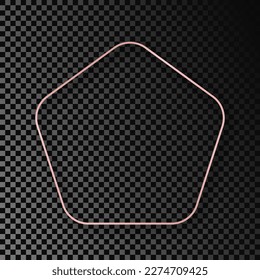 Rose gold glowing rounded pentagon shape frame with shadow isolated on dark transparent background. Shiny frame with glowing effects. Vector illustration