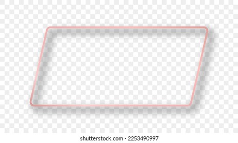 Rose gold glowing rounded rectangular shape frame with shadow isolated on transparent background. Shiny frame with glowing effects. Vector illustration
