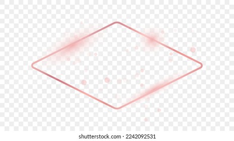 Rose gold glowing rounded rhombus shape frame isolated on transparent background. Shiny frame with glowing effects. Vector illustration