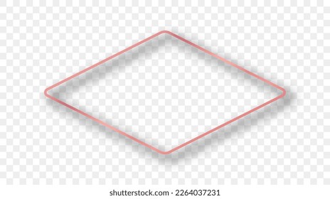 Rose gold glowing rounded rhombus shape frame with shadow isolated on transparent background. Shiny frame with glowing effects. Vector illustration