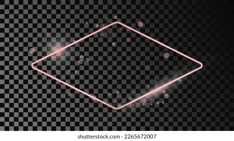 Rose gold glowing rounded rhombus shape frame isolated on dark transparent background. Shiny frame with glowing effects. Vector illustration
