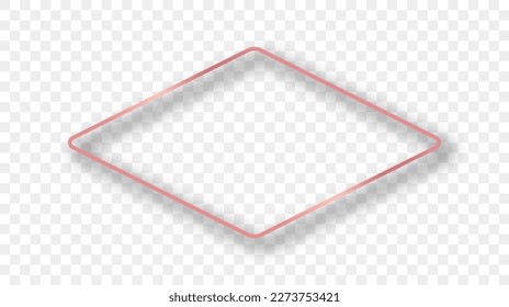 Rose gold glowing rounded rhombus shape frame with shadow isolated on transparent background. Shiny frame with glowing effects. Vector illustration