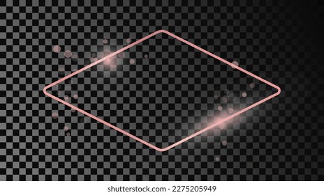 Rose gold glowing rounded rhombus shape frame isolated on dark transparent background. Shiny frame with glowing effects. Vector illustration