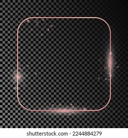 Rose gold glowing rounded square frame isolated on dark transparent background. Shiny frame with glowing effects. Vector illustration