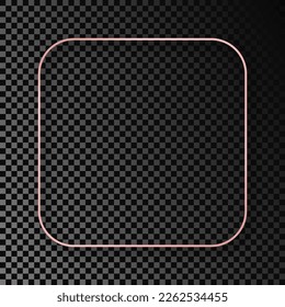 Rose gold glowing rounded square frame with shadow isolated on dark transparent background. Shiny frame with glowing effects. Vector illustration