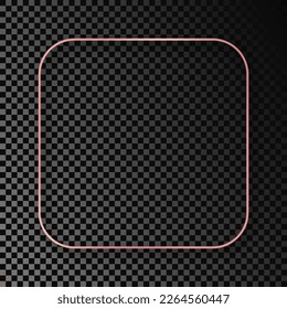 Rose gold glowing rounded square frame with shadow isolated on dark transparent background. Shiny frame with glowing effects. Vector illustration