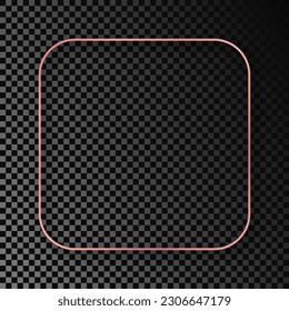 Rose gold glowing rounded square frame with shadow isolated on dark transparent background. Shiny frame with glowing effects. Vector illustration